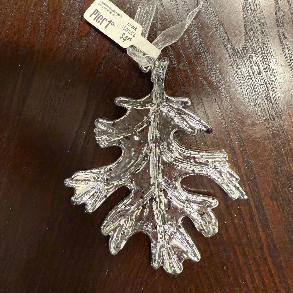 Pier 1 Vintage Silver Oak Leaf Glass Ornament